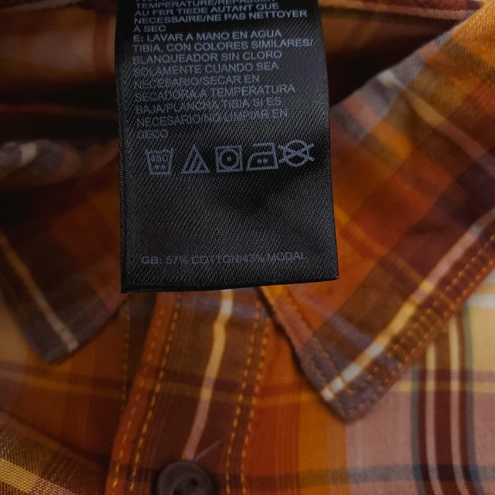 North Face Shirt Mens Small Orange Yellow Plaid Short Sleeve Button Up Outdoor